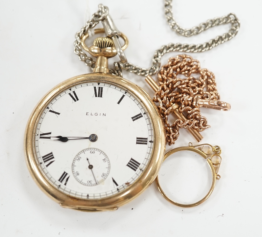 A 9ct gold albert, 21.7cm, 9.4 grams, together with an Elgin gold plated open face pocket watch with a white metal chain, a 9ct T-bar and a 9ct gold pendant mount. Condition - poor to fair